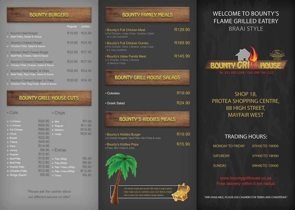 Menu at Bounty Grill House restaurant, Johannesburg