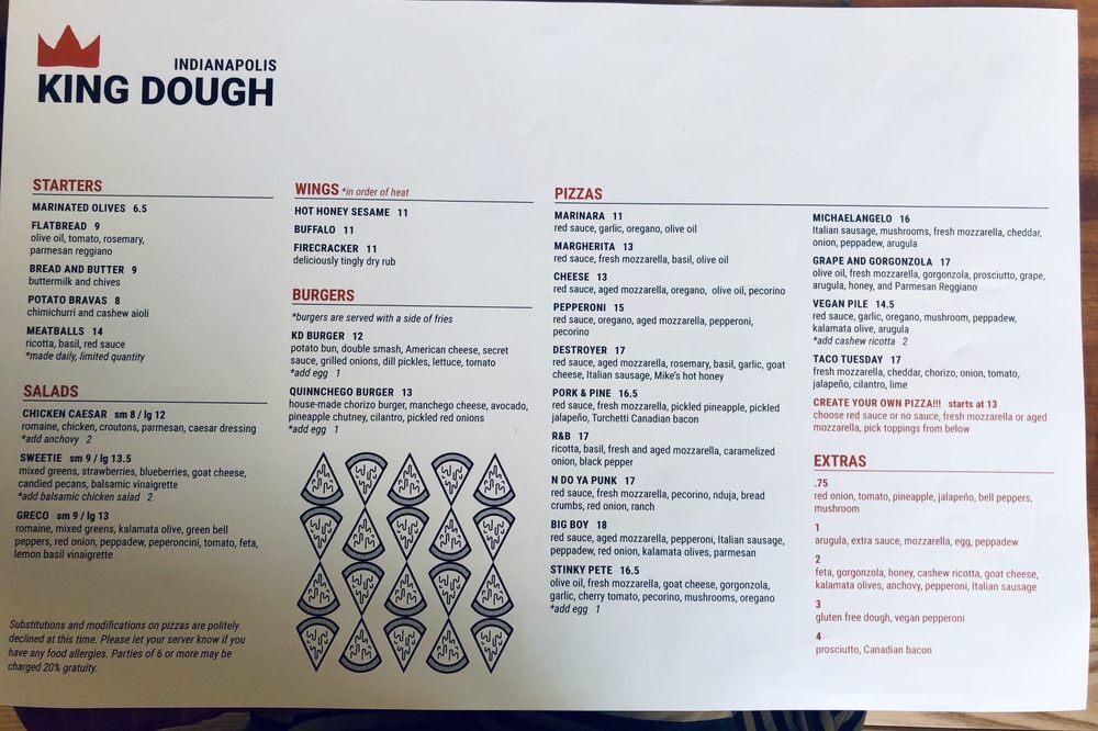 Menu at King Dough pizzeria, Indianapolis