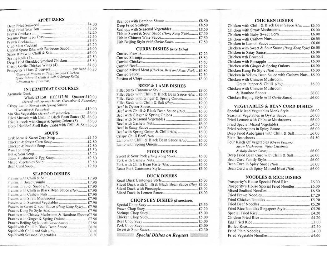 Menu at Prosperity Restaurant, Forest Row, Upper Sq