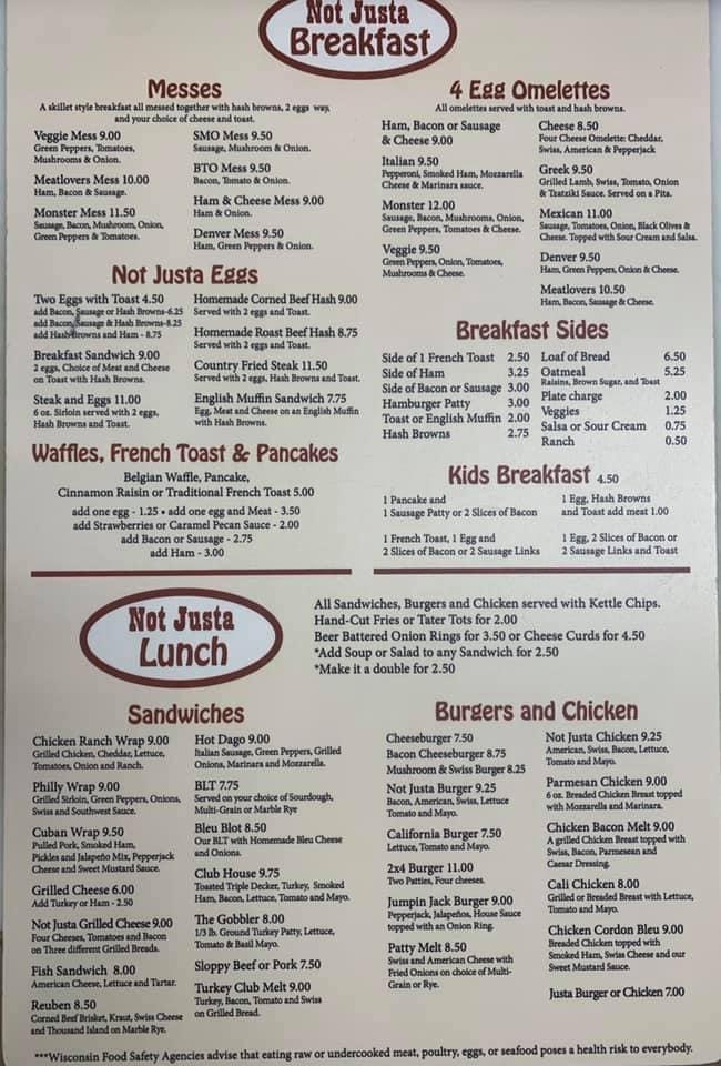 Menu at Not Justa Cafe, New Richmond