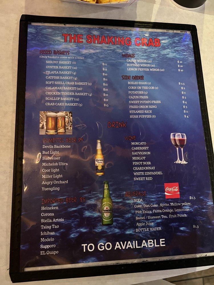 Menu at Shaking Crab restaurant, Virginia Beach