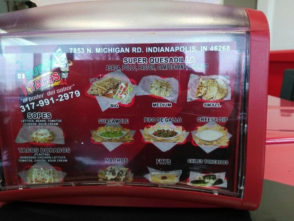 Menu at Super Tacos restaurant, Indianapolis, Michigan Rd