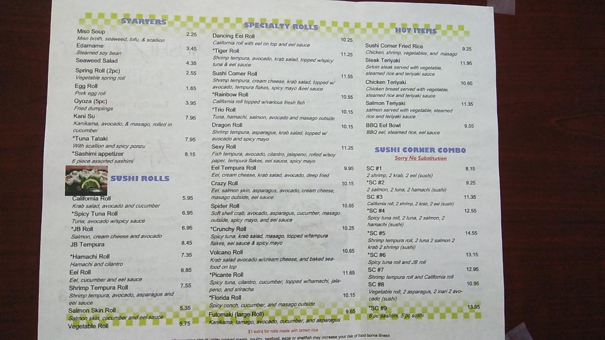 Menu at Sushi Corner Sushi Restaurant, Kendall West