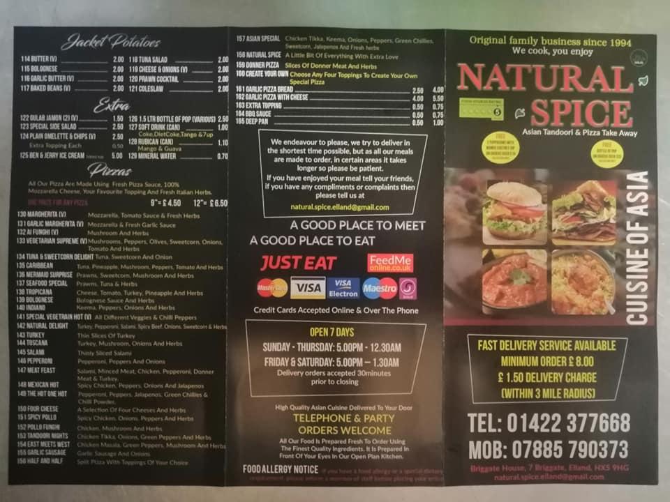 Menu at Natural Spice fast food, Elland