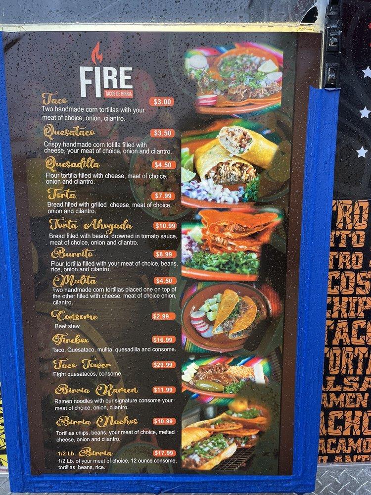 Menu at Fire Tacos de Birria restaurant, Kent