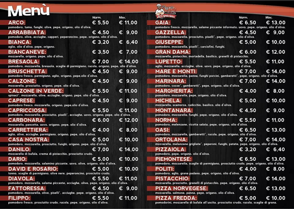 Menu da Pizzeria La Capricciosa, Piazza Armerina