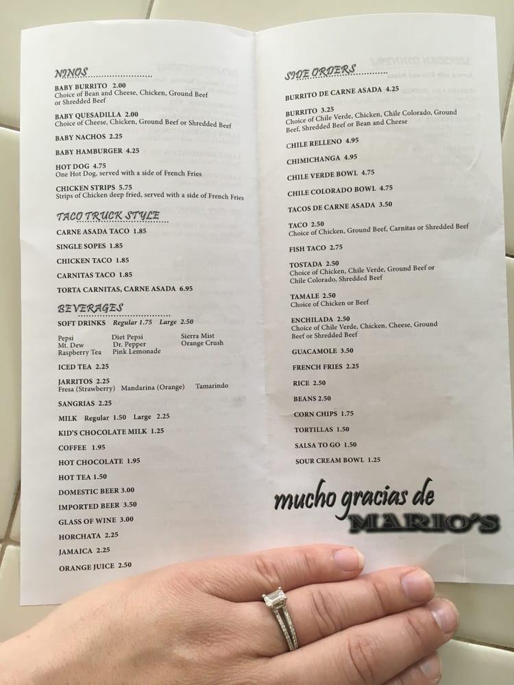 Menu at Mario's Traditional Mexican Food restaurant, Chowchilla