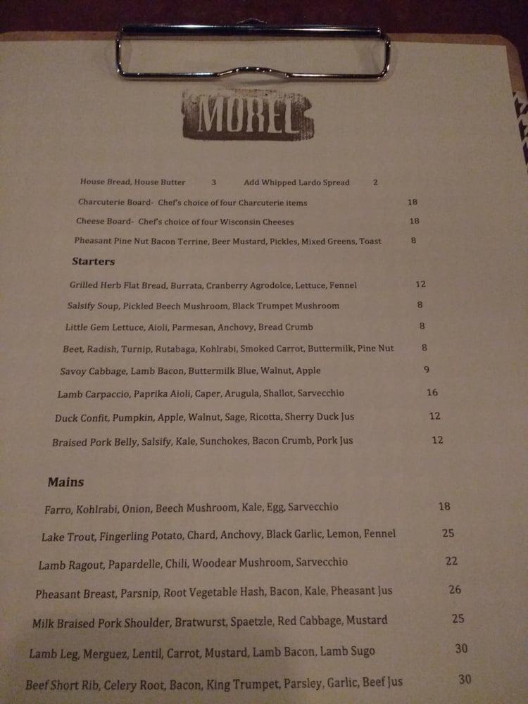 Menu at Morel restaurant, Milwaukee
