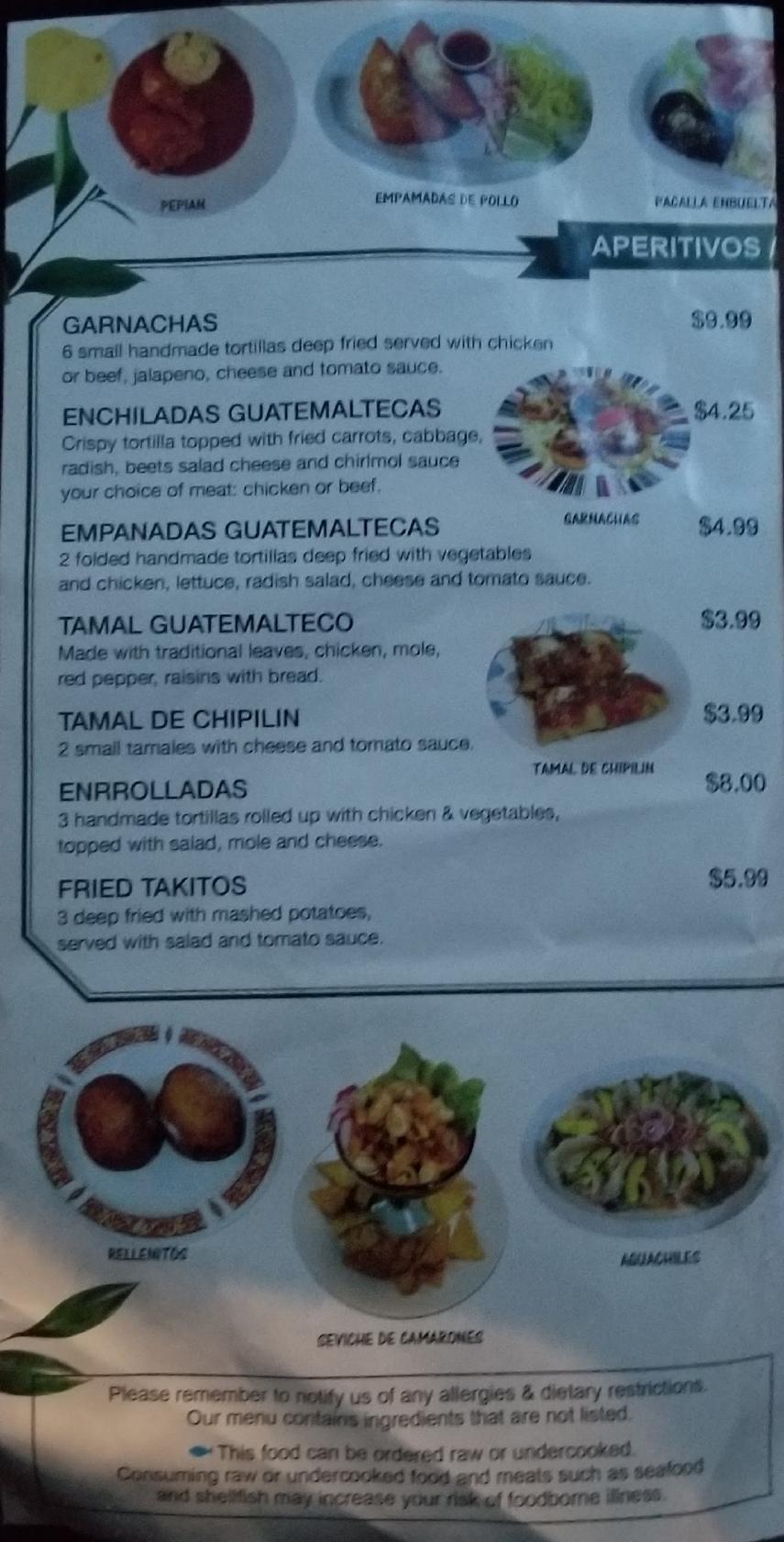 Menu at El Quetzal Guatemalan Restaurant, Chicago, W Lawrence Ave
