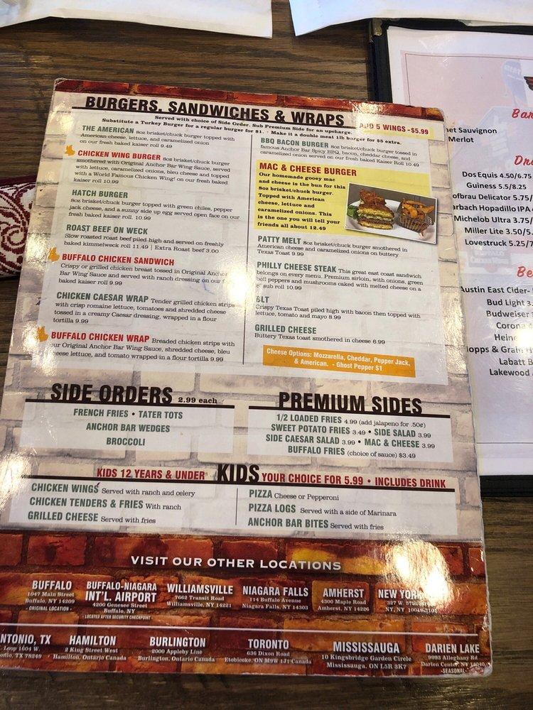 Menu at Anchor Bar, Schertz