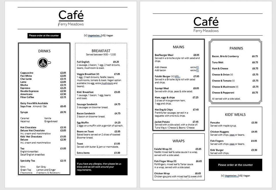 Menu at Ferry Meadows Cafe, Peterborough