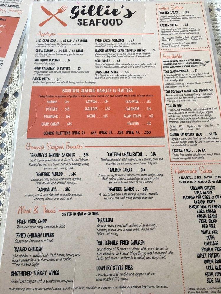 Menu at Gillie's Seafood restaurant, Charleston