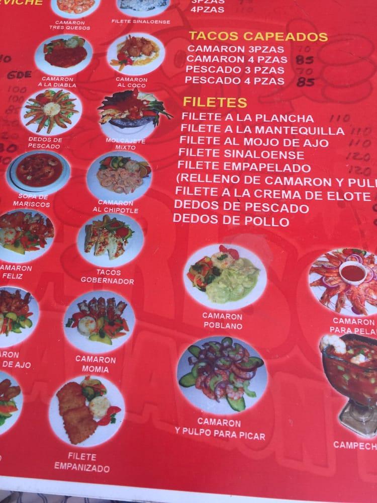 Menu at MARISCOS EL CAMARON FELIZ restaurant, Mazatlán, Av. de la Marina 617