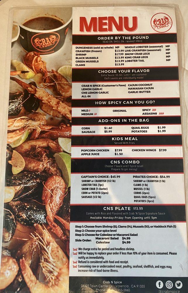Carta del restaurante Crab N' Spice, Santa Clarita