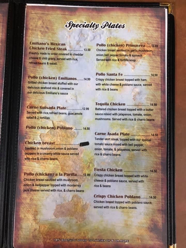 Menu at Emilianos Mexican Grill restaurant, Yoakum
