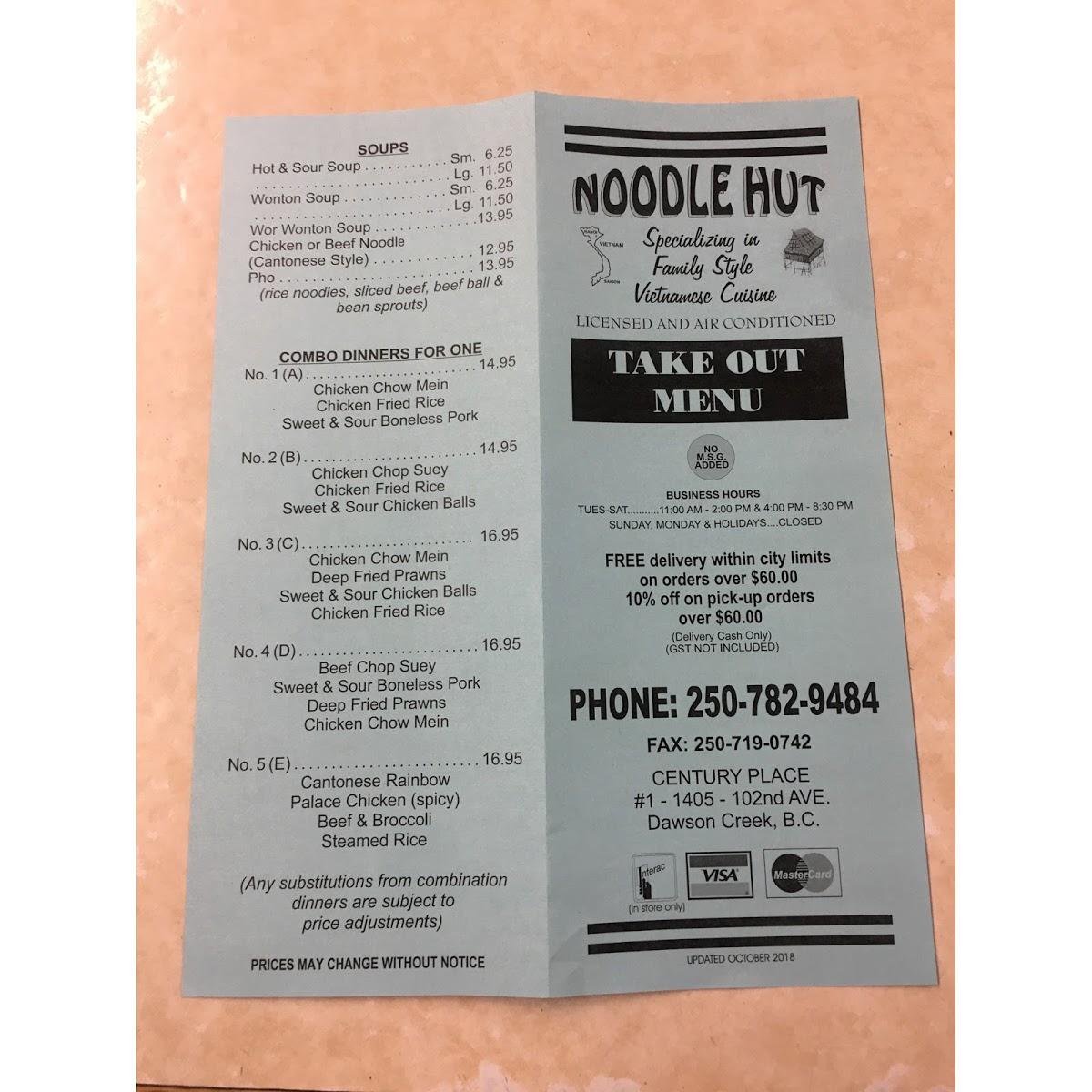 Menu at Noodle Hut restaurant, Dawson Creek