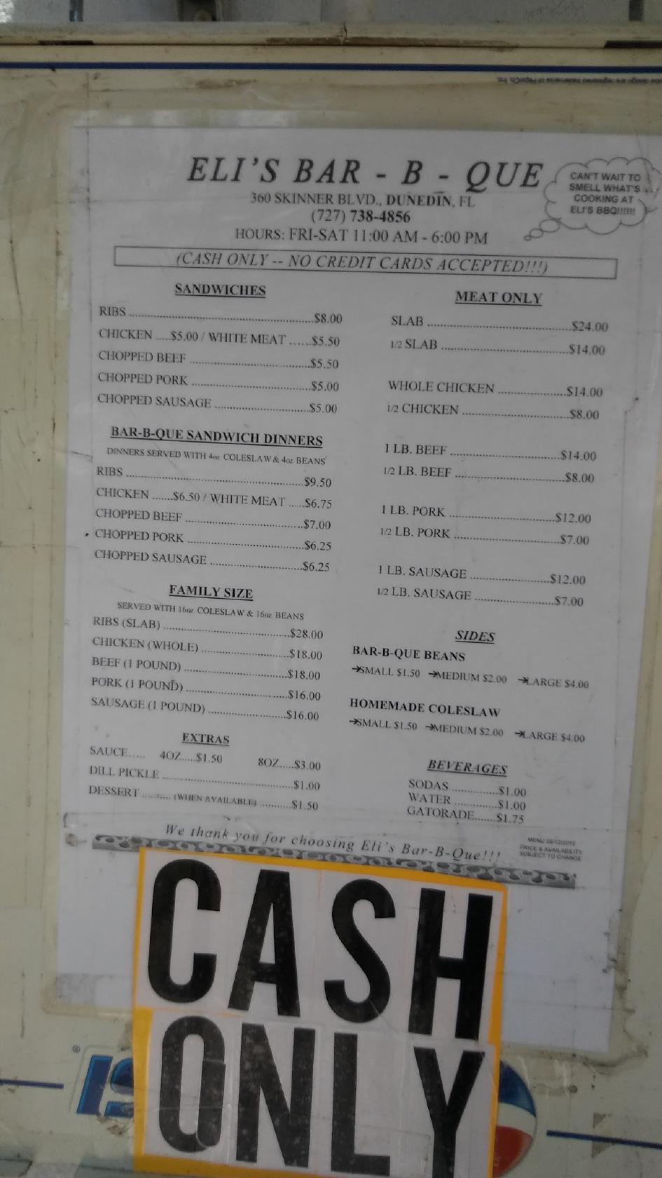 Menu at Eli's Bar-B-Que, Dunedin