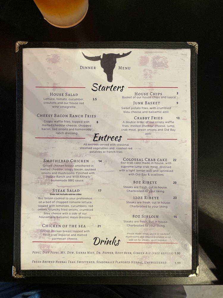 Menu at Wild Annie's restaurant, McConnellsburg