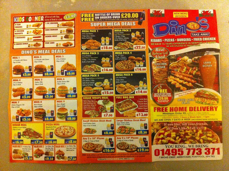 Menu at Dinos Kebab fast food, Pontypool