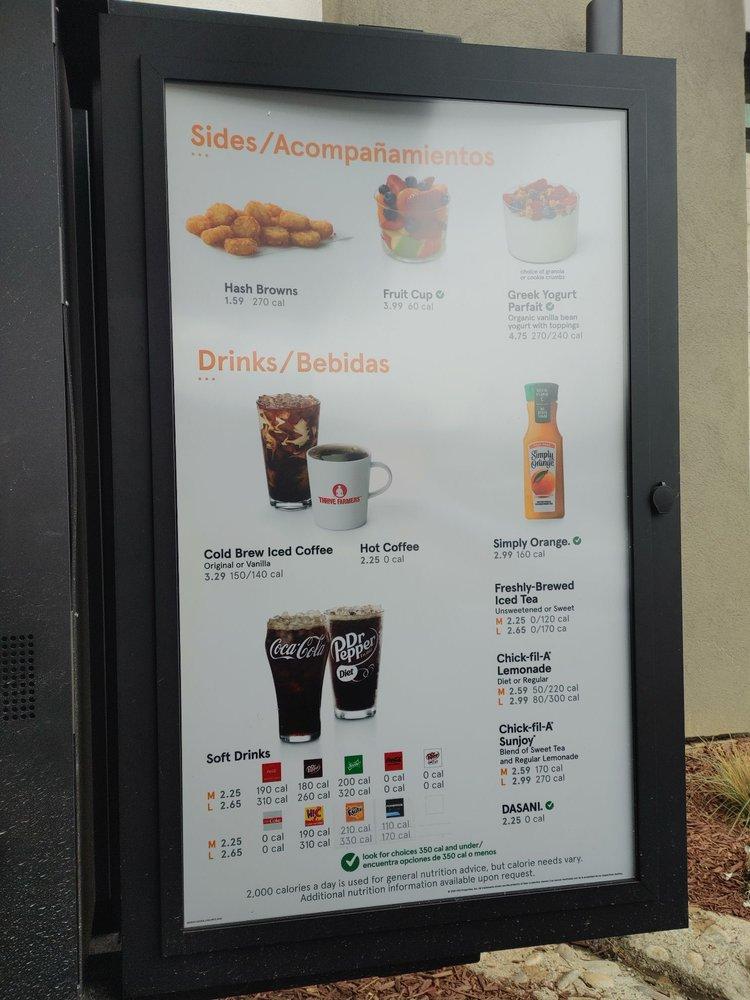 Menu at ChickfilA fast food, Daly City