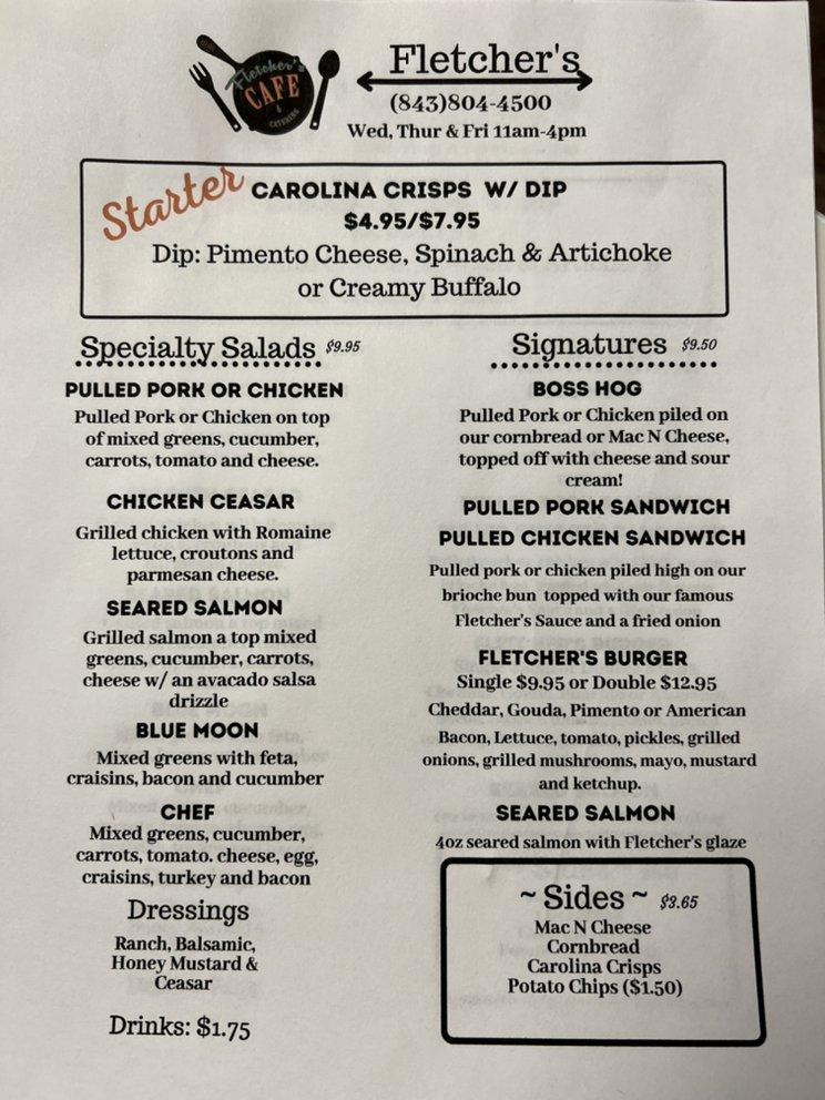 Menu at Fletcher's and Company Antiques and Rugs restaurant, Yemassee