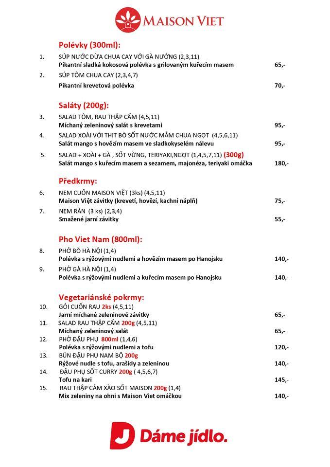 Menu at Maison Viet Olomouc restaurant, Olomouc