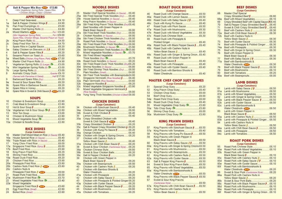 Menu at Master Chef fast food, Kettering