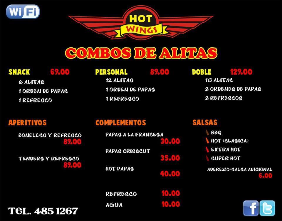 Menu at Hot Wings restaurant, Saltillo, Boulevard Doctor Jesús Valdez