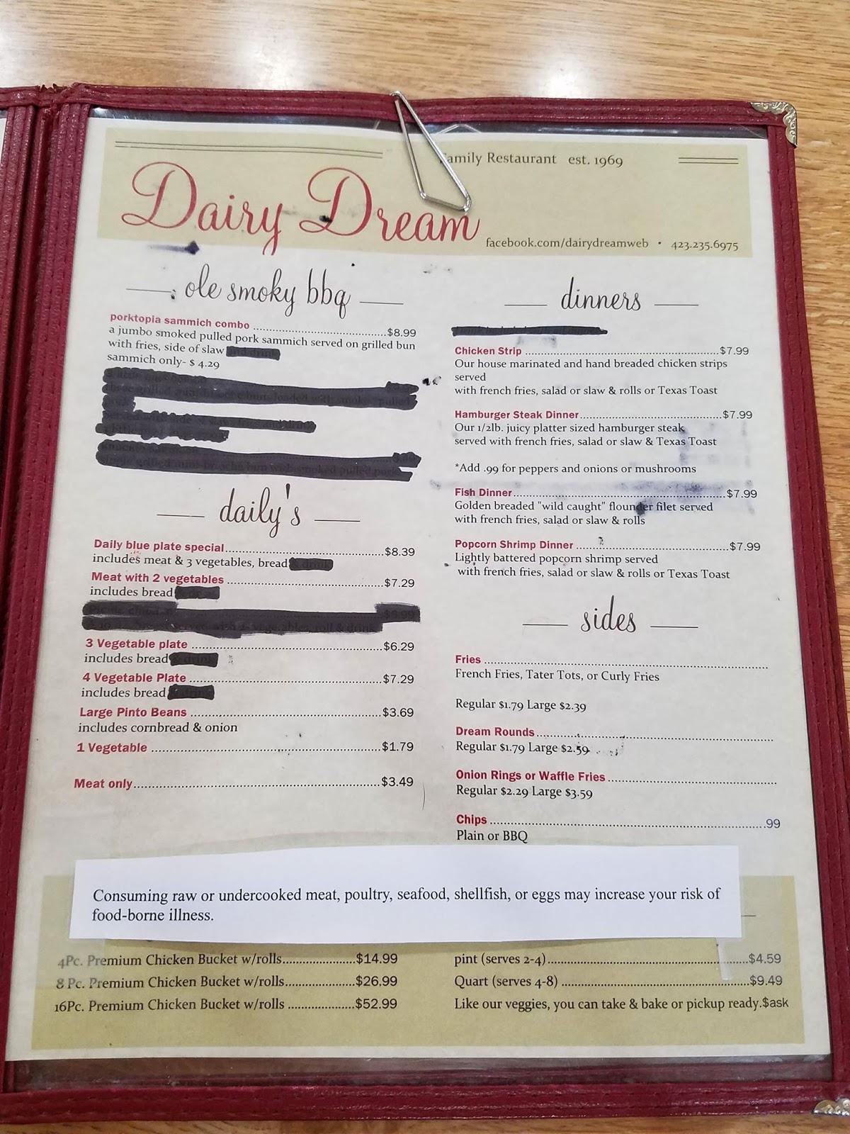 Menu at Dairy Dream restaurant, Bulls Gap, 271 Highway 11 E