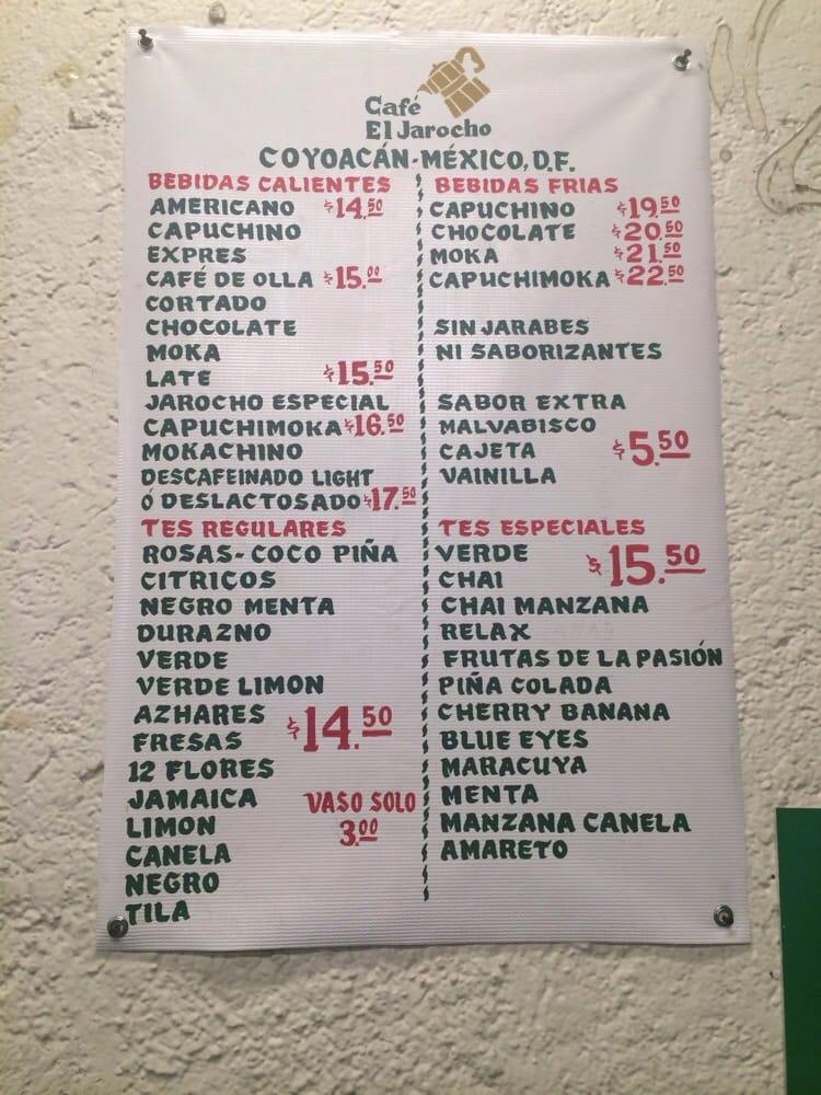 Carta de cafetería El Jarocho, Ciudad de México, División del Norte 2761