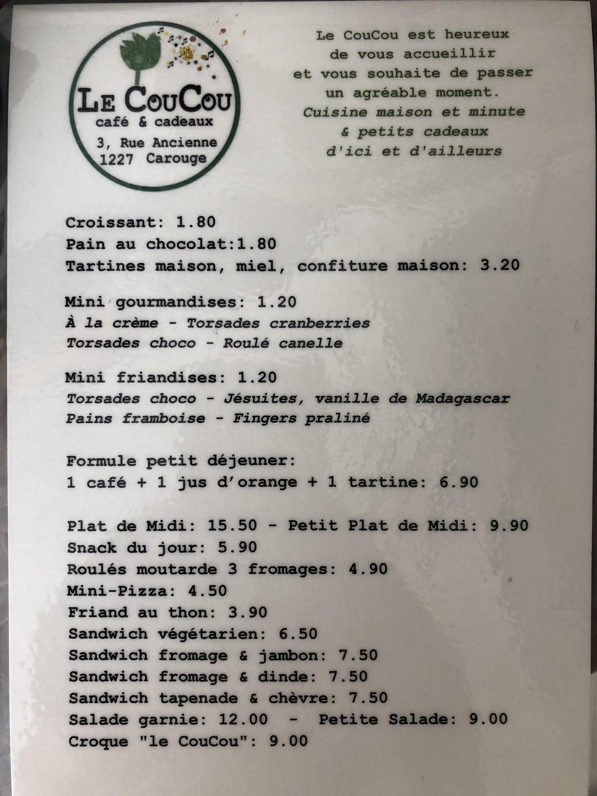 Menu da Le CouCou, Carouge
