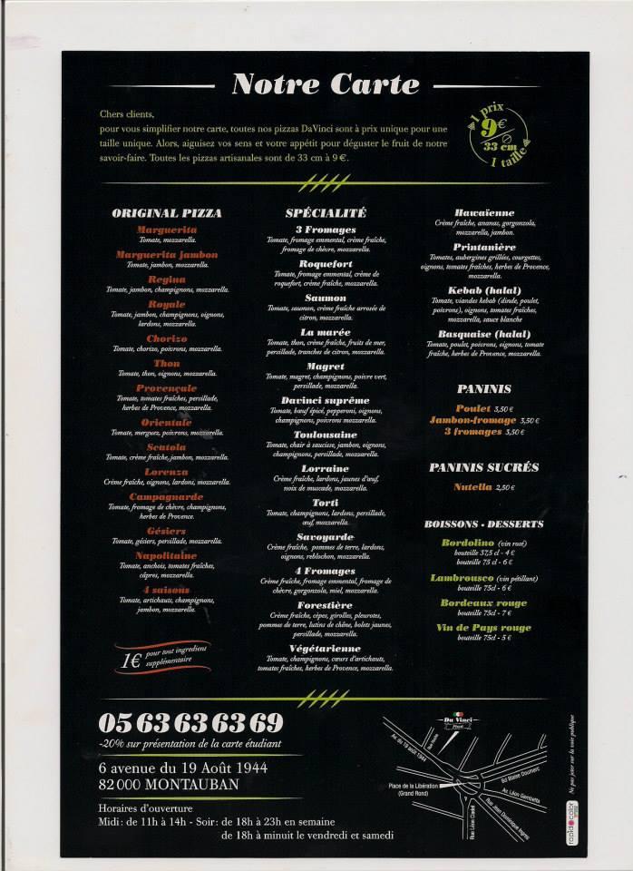 Menu at Da Vinci Pizza pizzeria, Montauban