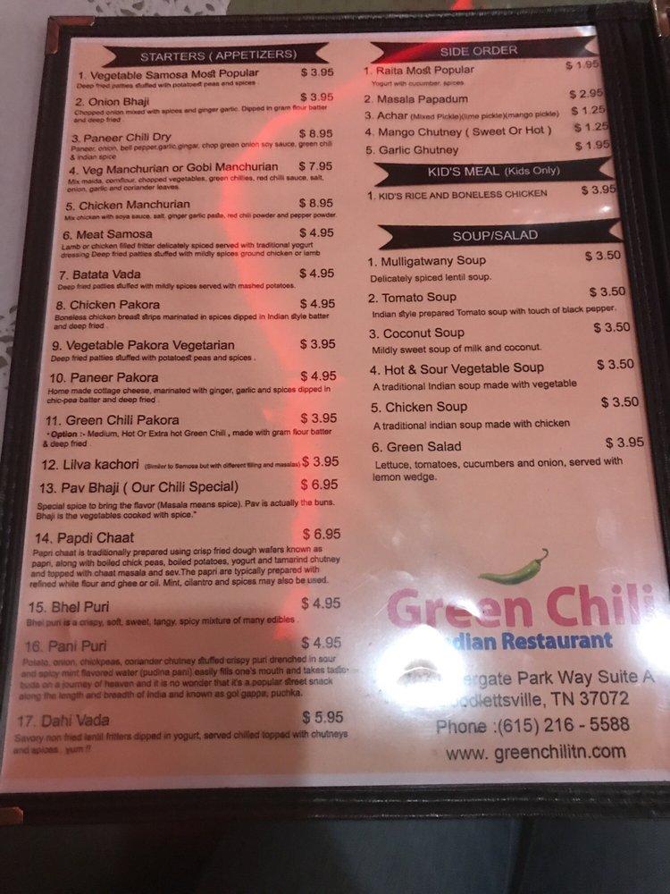 Menu at Green Chili Indian Restaurant, Goodlettsville