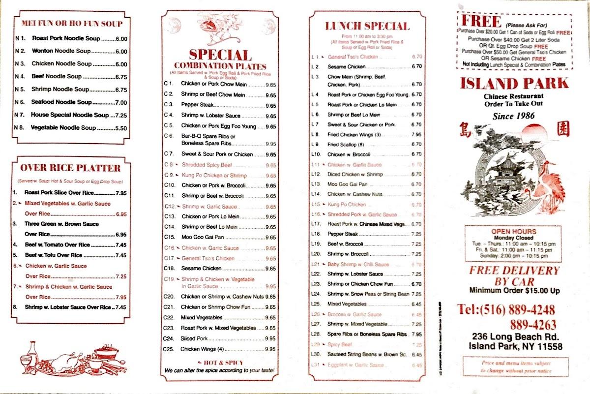 Menu at Island Park Chinese Restaurant, Island Park