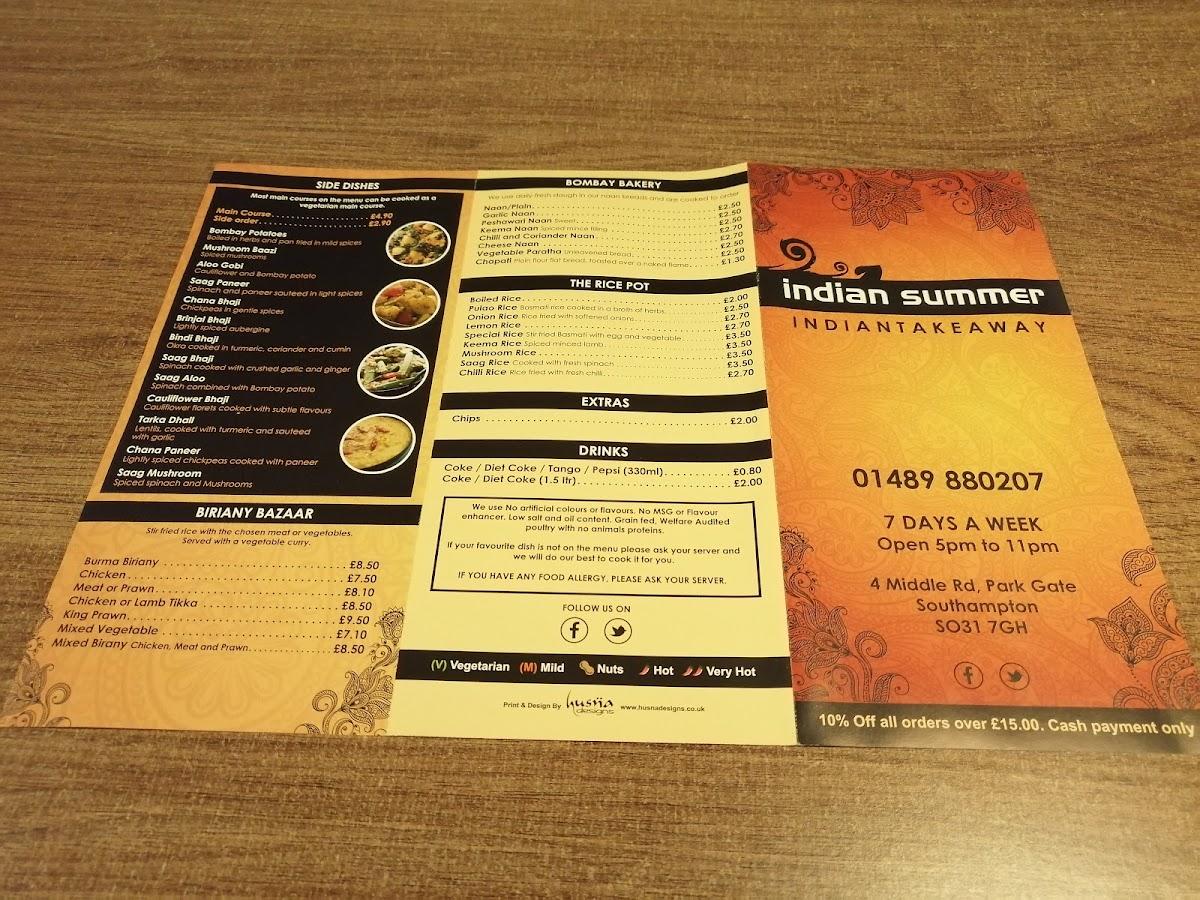 Menu at Indian Summer fast food, Southampton