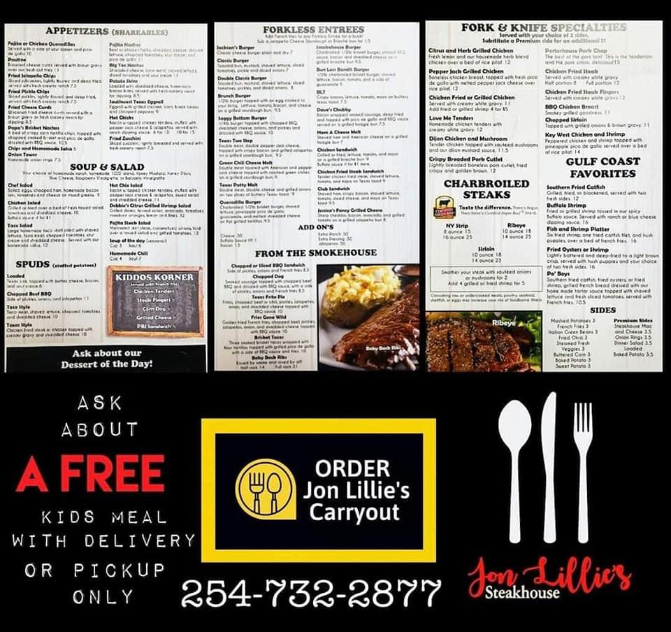 Menu at Papa Bear's steakhouse, Waco