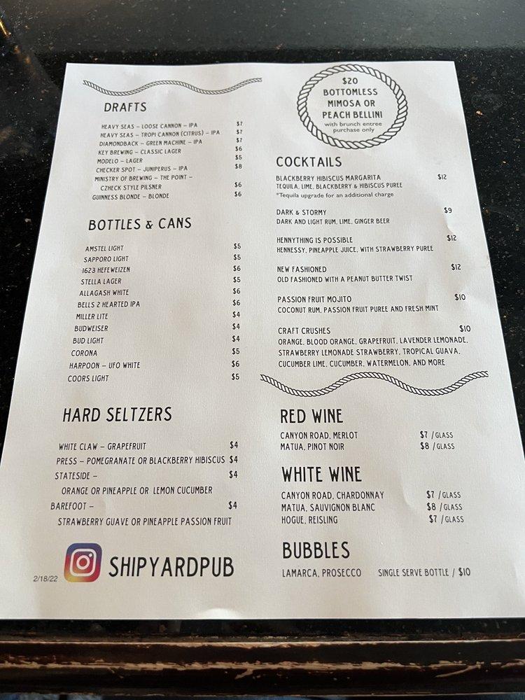 Menu at Shipyard Pub, Baltimore