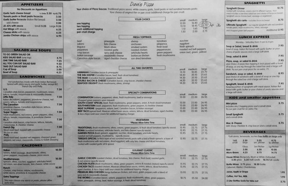 Menu at Dave's Pizza pizzeria, Coos Bay