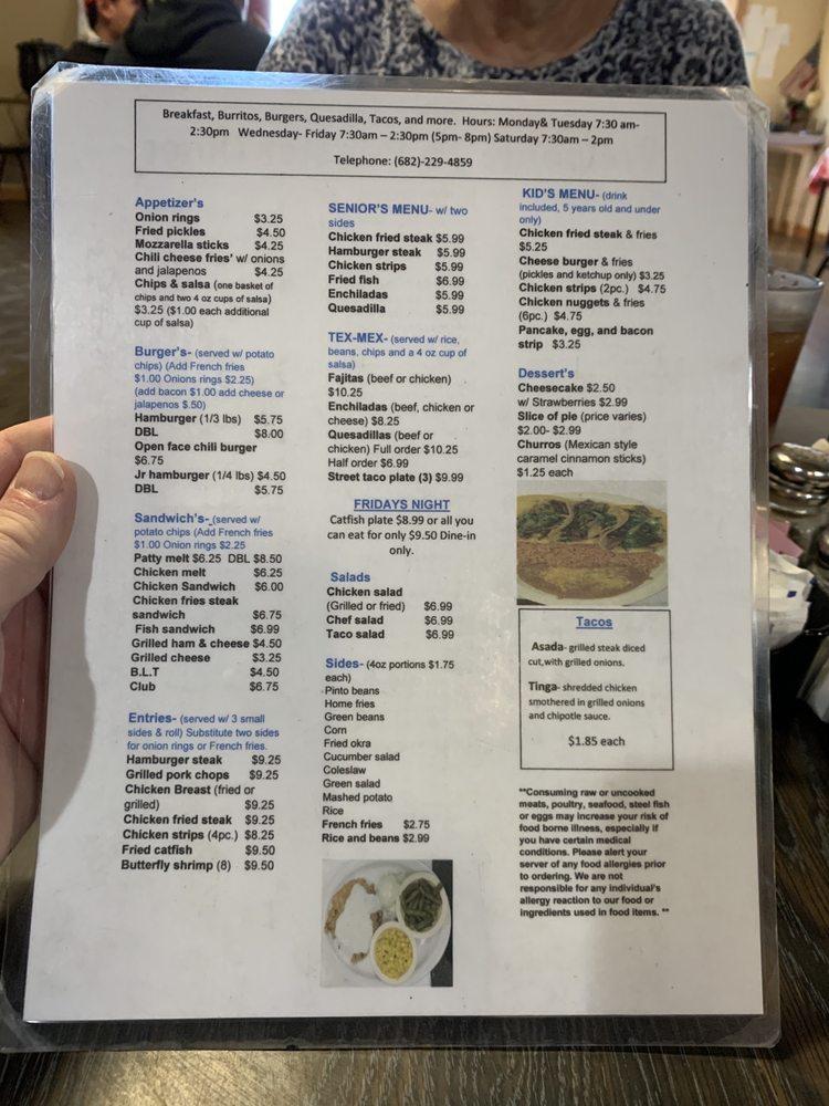 Menu at Peaster Diner restaurant, Weatherford
