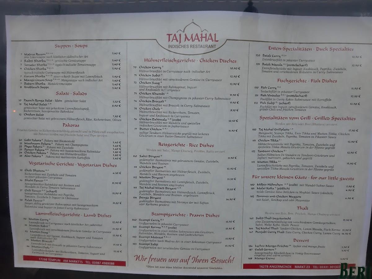 Menu at Taj Mahal indisches Restaurant, Templin