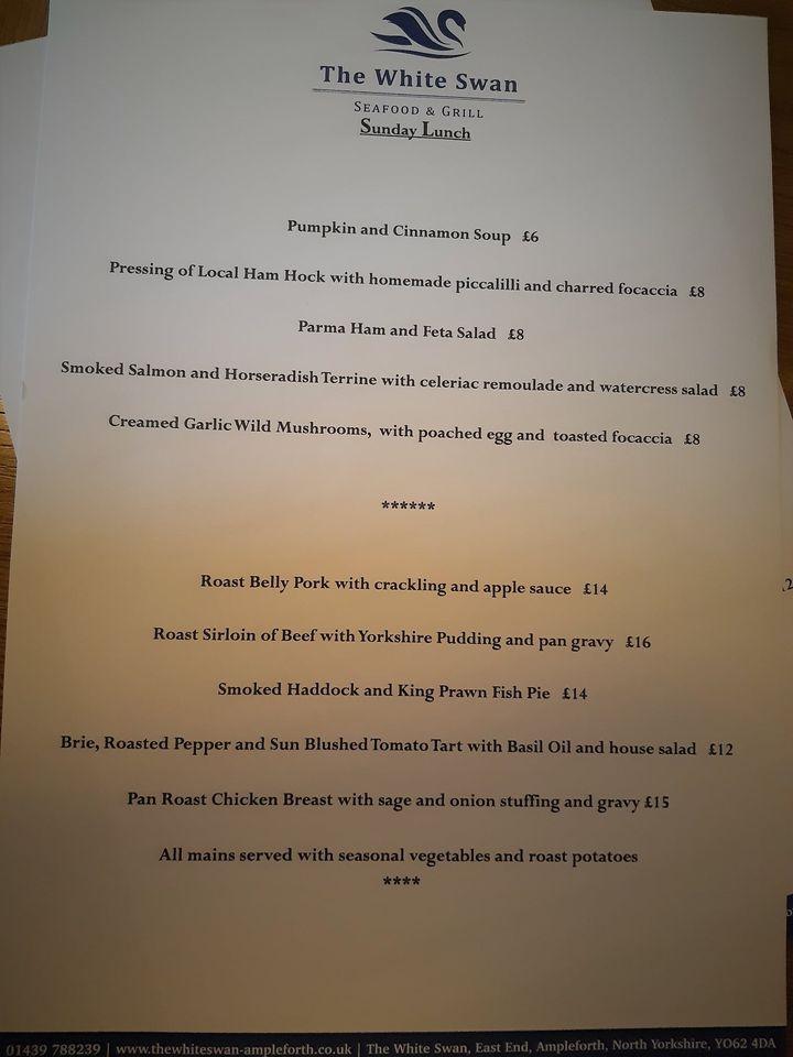 Menu at White Swan pub & bar, Ampleforth, East End Ampleforth