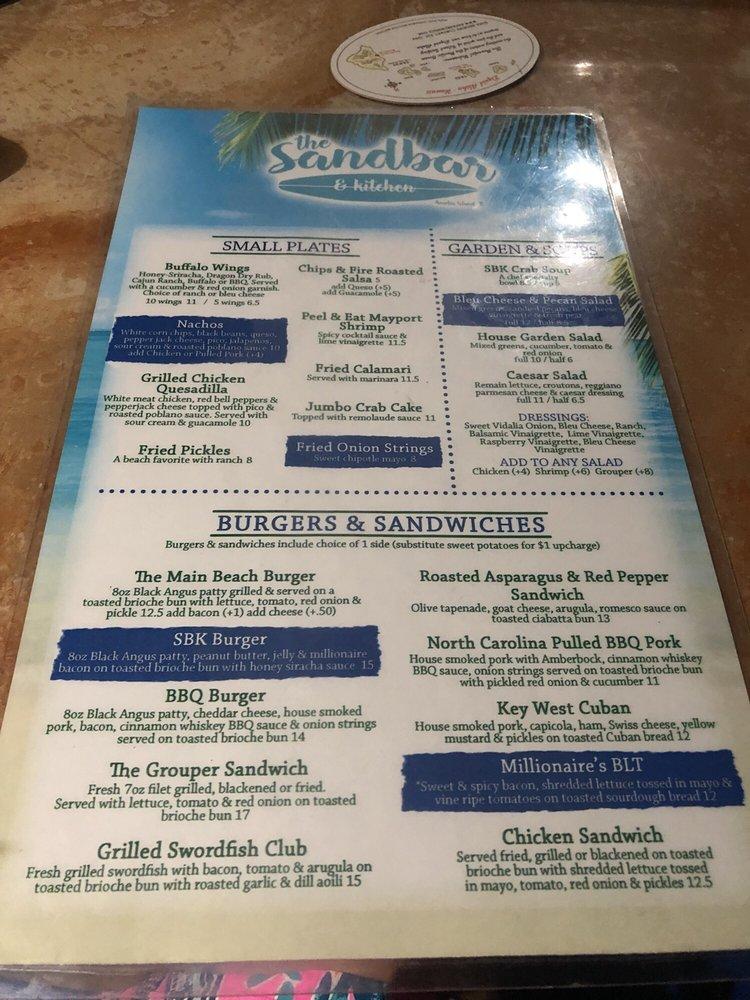 Menu at Sandbar Amelia Island, Fernandina Beach
