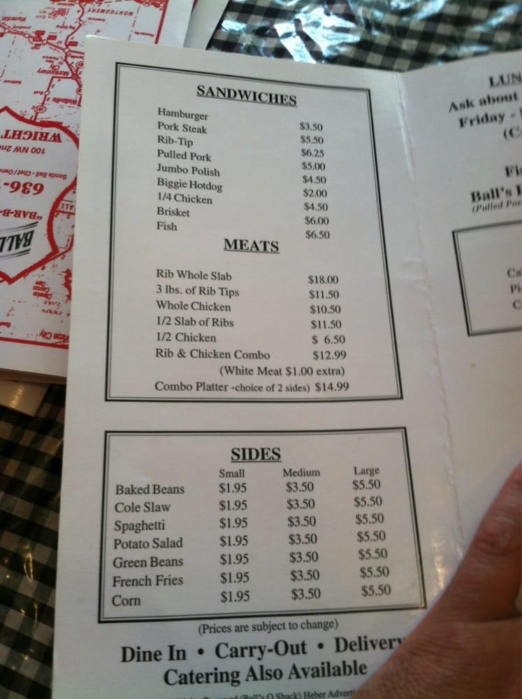 Menu at Ball's Q Shack BBQ, Wright City, 100 W N 2nd St