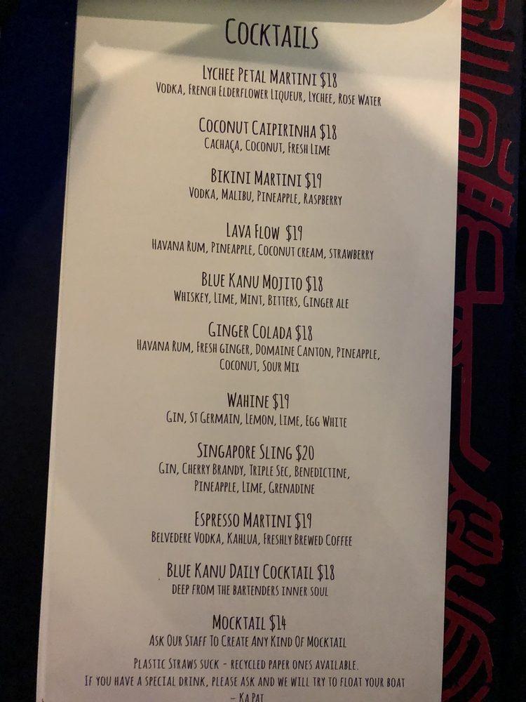 Menu at Blue Kanu restaurant, Queenstown