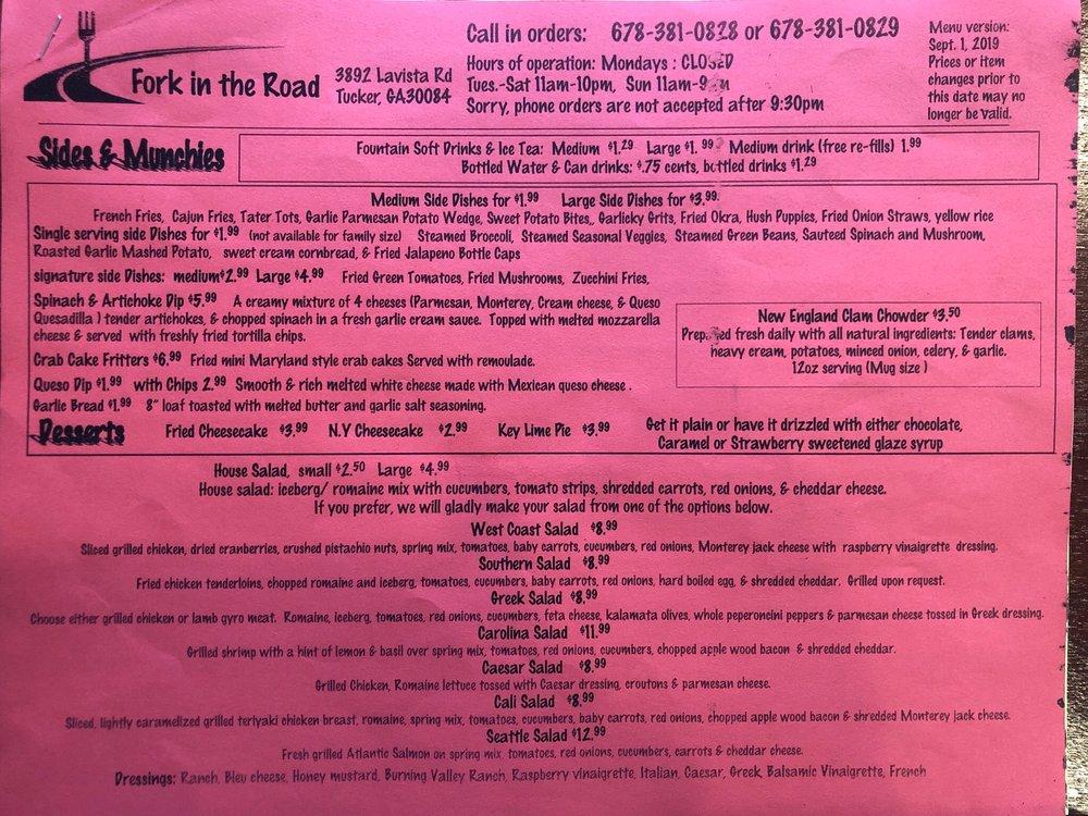 Menu at Fork in the Road restaurant, Tucker, Lavista Rd