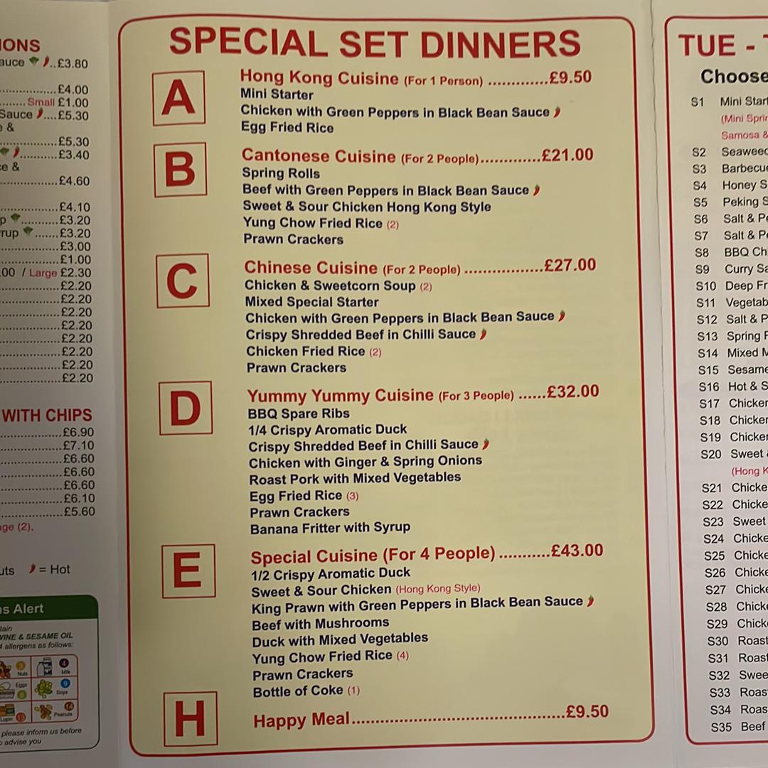 Menu at Peking house, Whitehaven