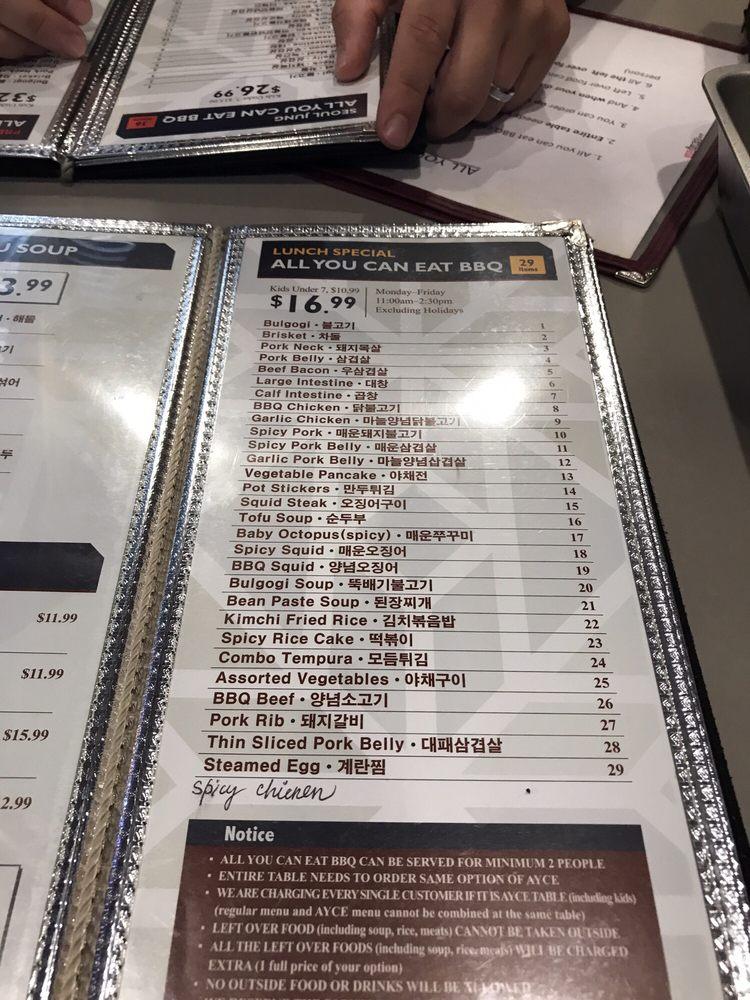 Menu at Seoul Jung Korean BBQ, Dublin