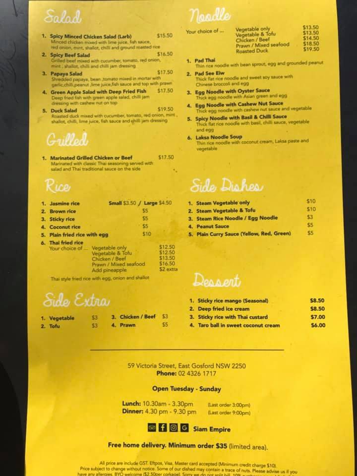 Menu At Siam Empire Restaurant East Gosford 7889