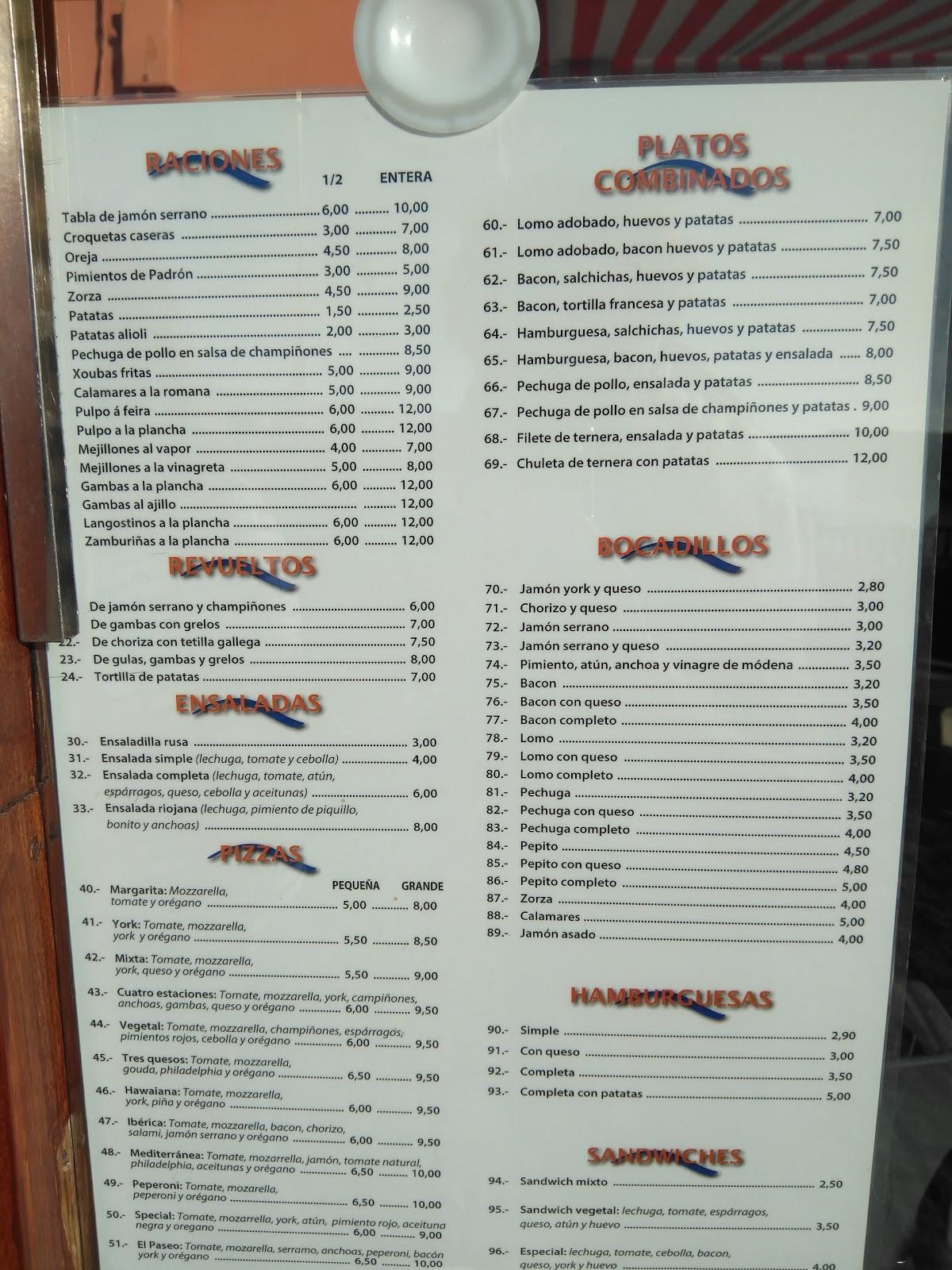 Menu at El Paseo pub & bar, A Guarda