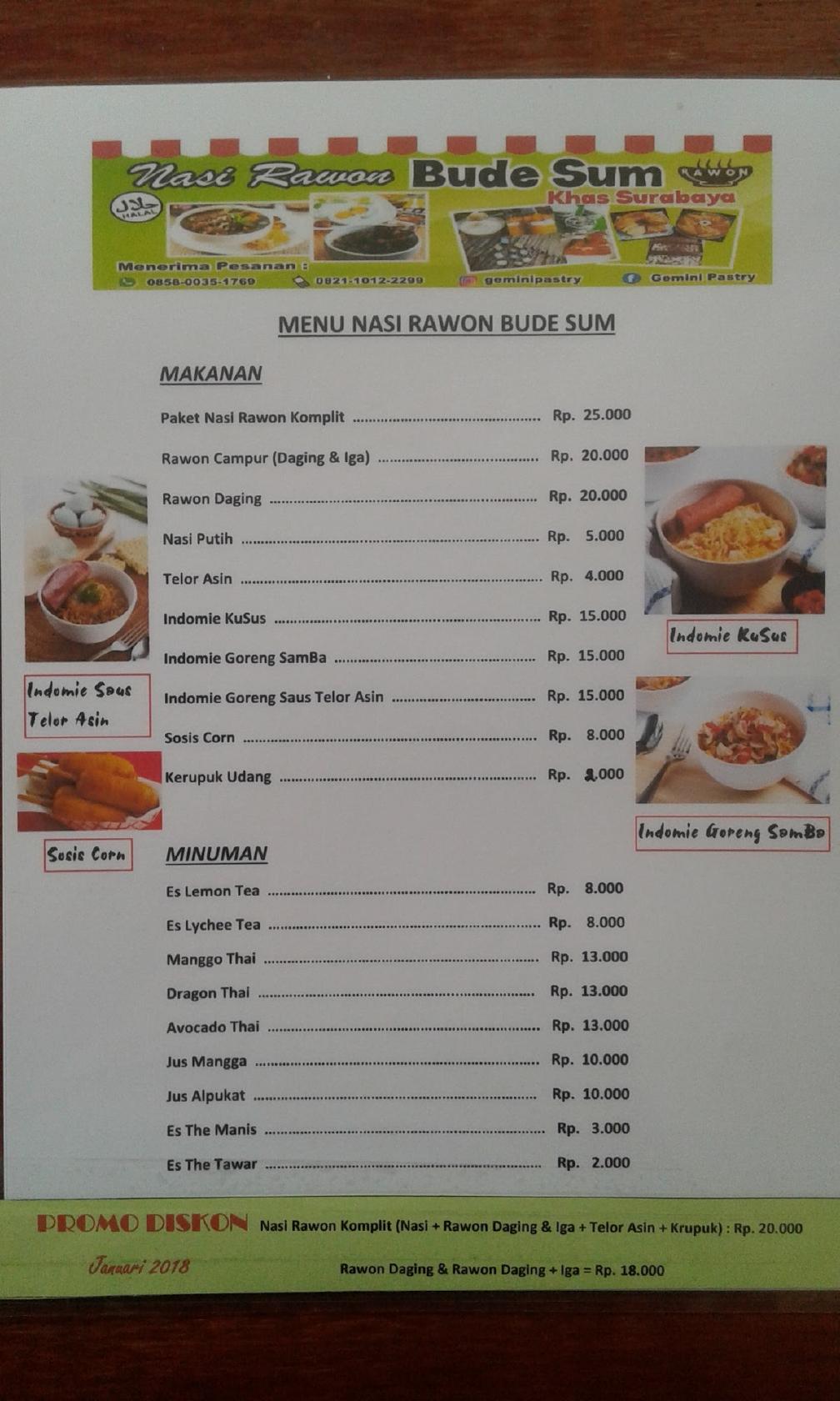 Menu at Rawon Bude Sum restaurant, North Jakarta